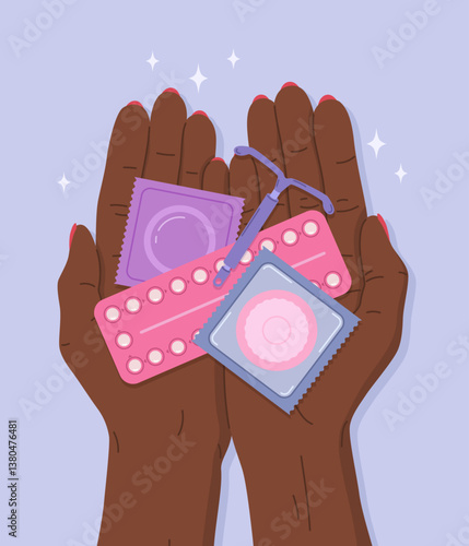 Female african hands holding blister pack of hormonal contraceptive pills, IUD and condoms. Types of contraception for women and men, protection against infections and unwanted pregnancy. Safe sex