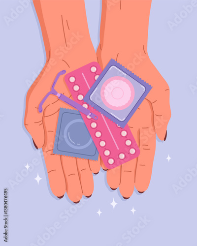 Female hands holding blister pack of hormonal contraceptive pills, IUD and condoms. Types of contraception for women and men, protection against infections and unwanted pregnancy. Safe sex concept