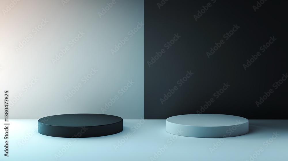 Minimalist scene with contrasting circular platforms. Minimalist scene with contrasting circular platforms.