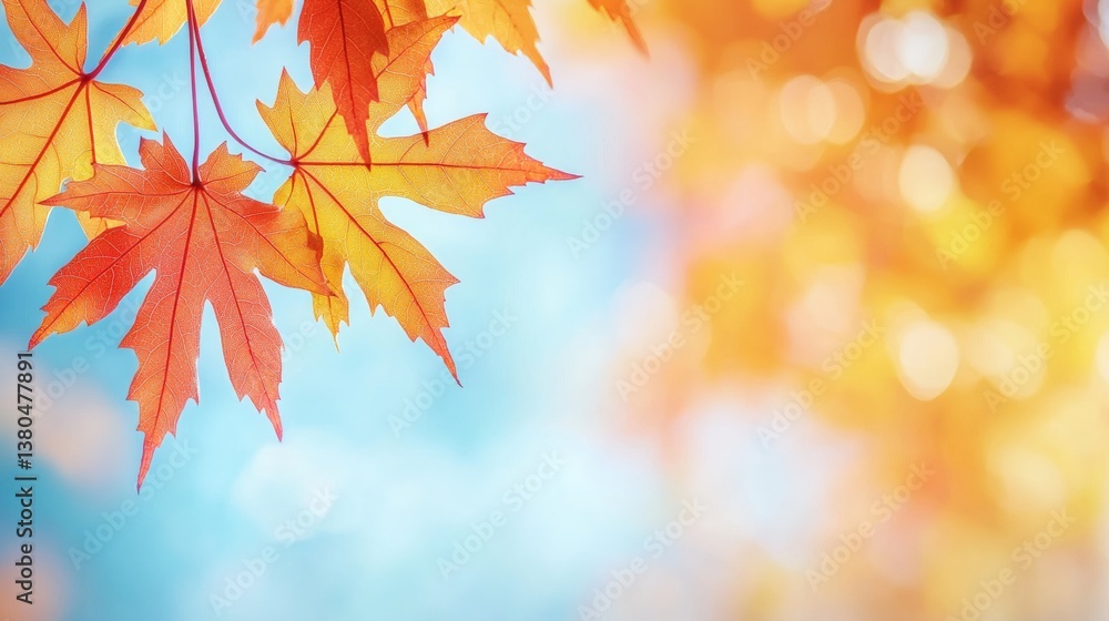 Vibrant autumn leaves hang against a soft blue and orange background, capturing the essence of fall's beauty and warmth. Vibrant autumn leaves hang against a soft blue and orange background, capturing the essence of fall's beauty and warmth.