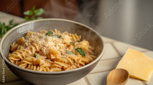 Steaming pasta dish garnished with herbs and cheese in cozy sett