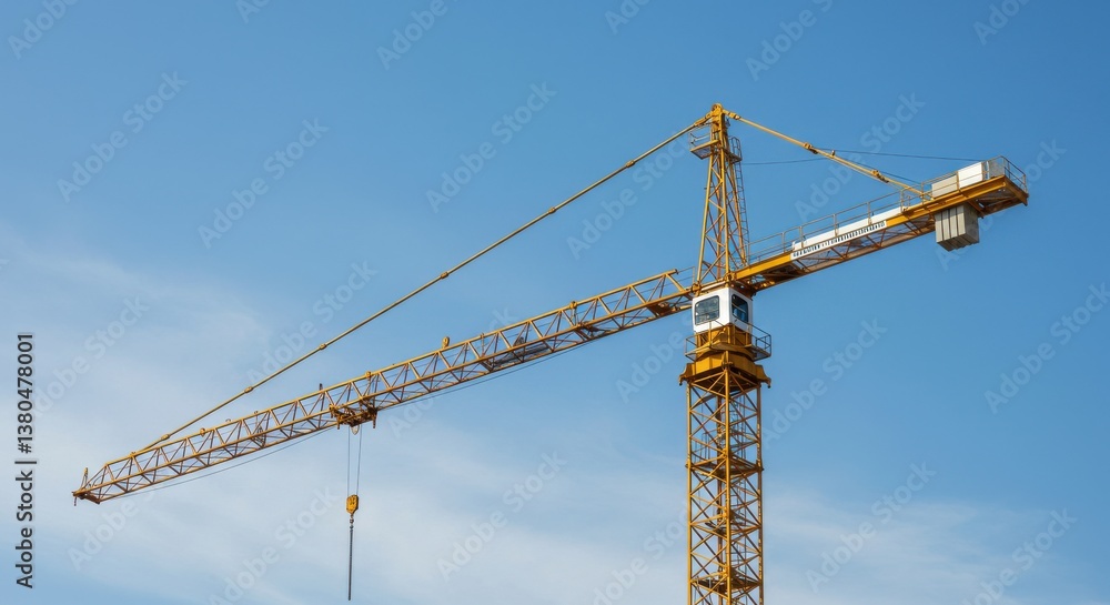A yellow construction crane against a clear blue sky on a sunny day with a long boom arm extended A yellow construction crane against a clear blue sky on a sunny day with a long boom arm extended