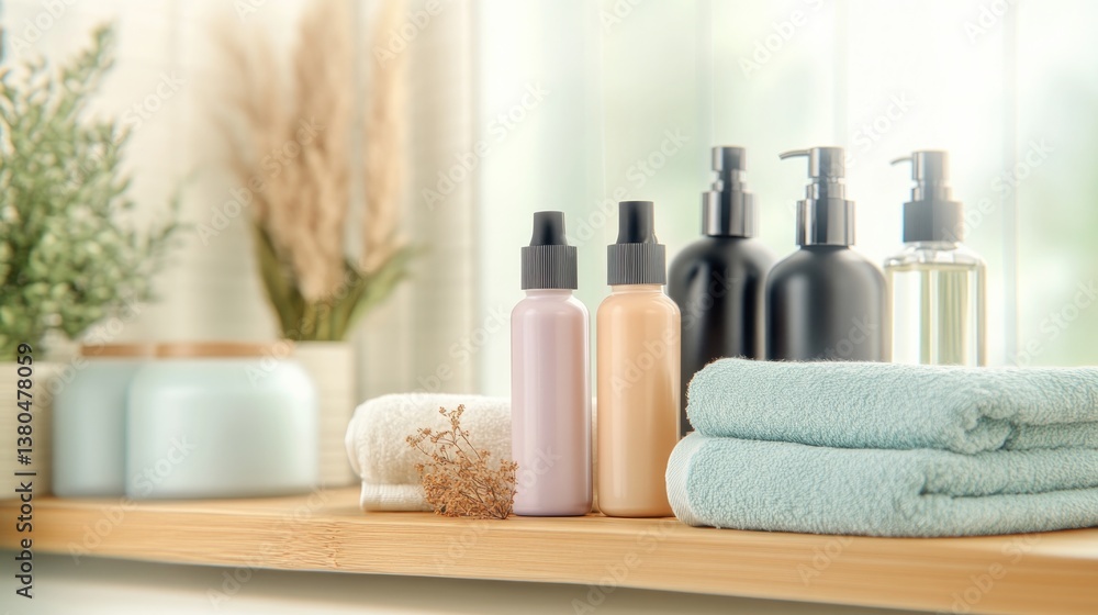 Elegant display of skincare products arranged on wooden shelf wi Elegant display of skincare products arranged on wooden shelf wi