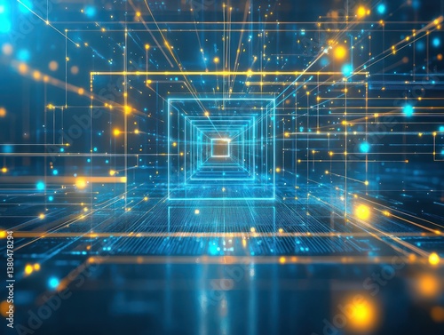 A glowing blue and gold digital space, where square lights shine at the center, connected by thin, glowing lines and surrounded by dynamic floating dots