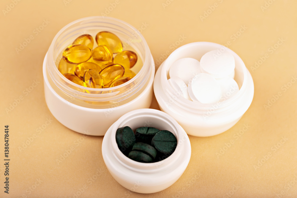 Three white jars filled with yellow capsules, white tablets and green spirulina pills on beige background. Concept of health, beauty or supplement. Supplements in white cosmetic jars Three white jars filled with yellow capsules, white tablets and green spirulina pills on beige background. Concept of health, beauty or supplement. Supplements in white cosmetic jars