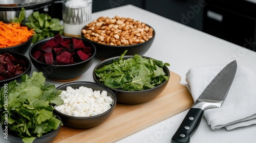 Fresh ingredients arranged in bowls, showcasing vibrant colors a