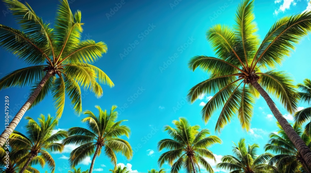 Tall palm trees against vibrant azure sky, tropical paradise, lush green fronds, golden sunlight, deep blue sky, scattered white clouds, upward perspective, exotic nature, summer vibes. Tall palm trees against vibrant azure sky, tropical paradise, lush green fronds, golden sunlight, deep blue sky, scattered white clouds, upward perspective, exotic nature, summer vibes.
