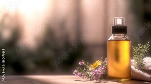 Golden oil bottle rests on wooden surface with vibrant flowers n