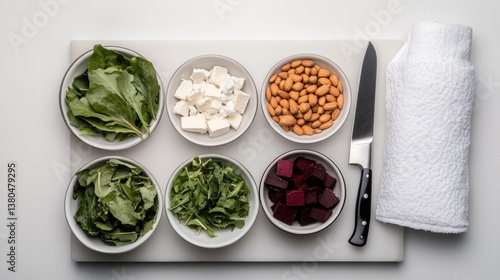 Fresh ingredients arranged neatly, showcasing vibrant colors and