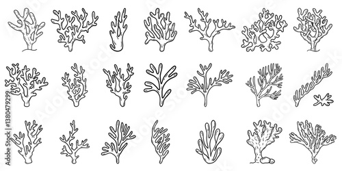 Flat outline seaweed and coral. Abstract organic shape, underwater plant, Matisse element, cute sea drawing. Cartoon sea floral set isolated on white background. Trendy minimal vector set.