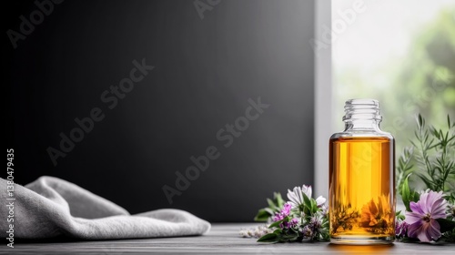 Warm amber liquid in glass bottle surrounded by fresh herbs and