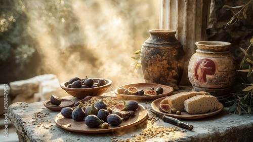 ancient Greek meal scene with figs, olives and red-figure amphora