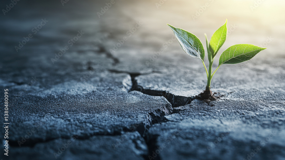 Growing plant emerging from cracked concrete, symbolizing resilience and breakthrough Growing plant emerging from cracked concrete, symbolizing resilience and breakthrough