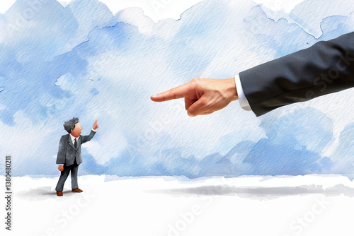 A miniature figure stands assertively against a giant hand pointing, symbolizing authority and the dynamics of power.