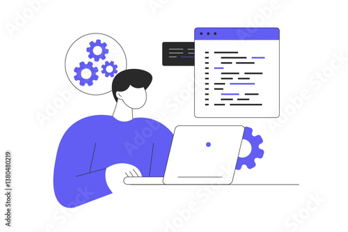 System administrator web concept. Man monitoring server infrastructure at laptop, checks problems, doing maintenance and settings. Flat Cartoon Vector Illustration, icon. Stylish abstract design web