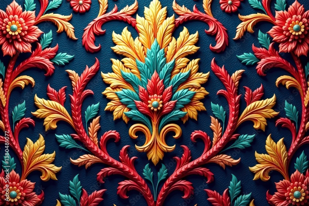 Intricate floral damask textile, opulent swirls , interior, art, surface