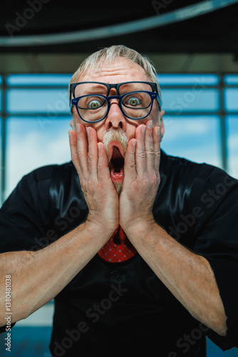 Obraz na płótnie In a stylish indoor setting, a surprised man in glasses shows shock and excitement. His playful facial expressions make this unforgettable moment filled with emotion and creativity w salonie