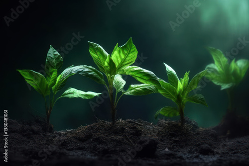 Wallpaper Mural Young green plants sprouting from rich soil with dramatic lighting and dark blurred background Torontodigital.ca