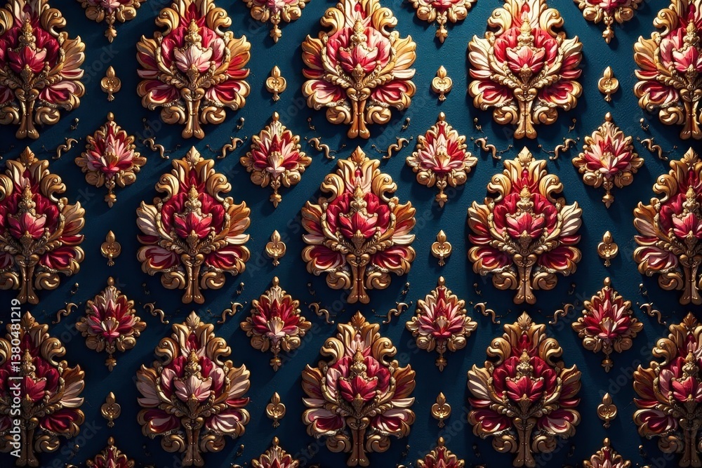Intricate floral damask textile, opulent swirls , vintage, design element, background