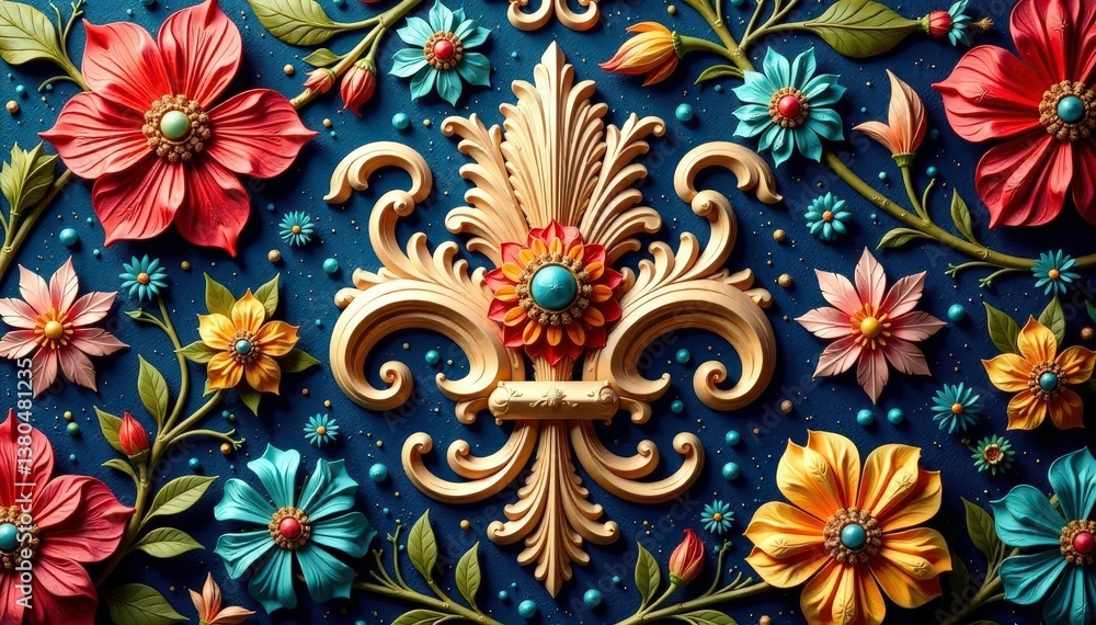 Intricate floral damask textile, ornate swirls , tapestry, swirl