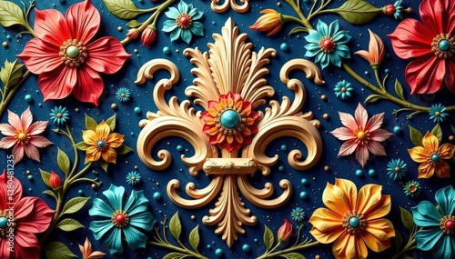 Obraz na płótnie Intricate floral damask textile, ornate swirls , tapestry, swirl w salonie