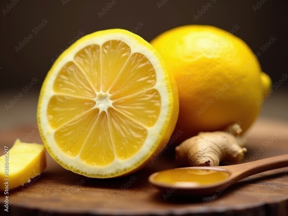 Slice of lemon is on a wooden table next to a spoon and a small piece of ginger medicinal herbs, traditional medicine Slice of lemon is on a wooden table next to a spoon and a small piece of ginger medicinal herbs, traditional medicine
