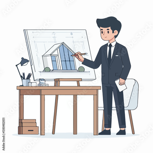 An architect is drawing a building sketch on the table