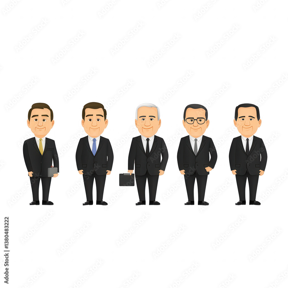 Group of five diverse cartoon businessmen in suits, showcasing teamwork and professionalism against a transparent background. Group of five diverse cartoon businessmen in suits, showcasing teamwork and professionalism against a transparent background.