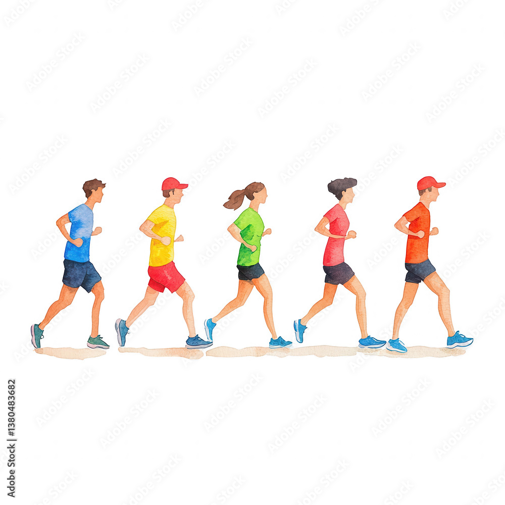 Illustration of five diverse runners in colorful athletic gear, jogging in sync, showcasing teamwork and fitness on a white isolate background. Illustration of five diverse runners in colorful athletic gear, jogging in sync, showcasing teamwork and fitness on a white isolate background.