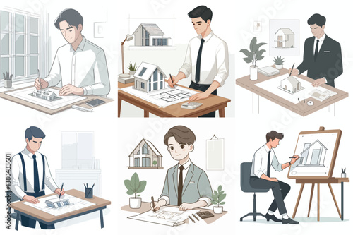 An architect is drawing a building sketch on the table