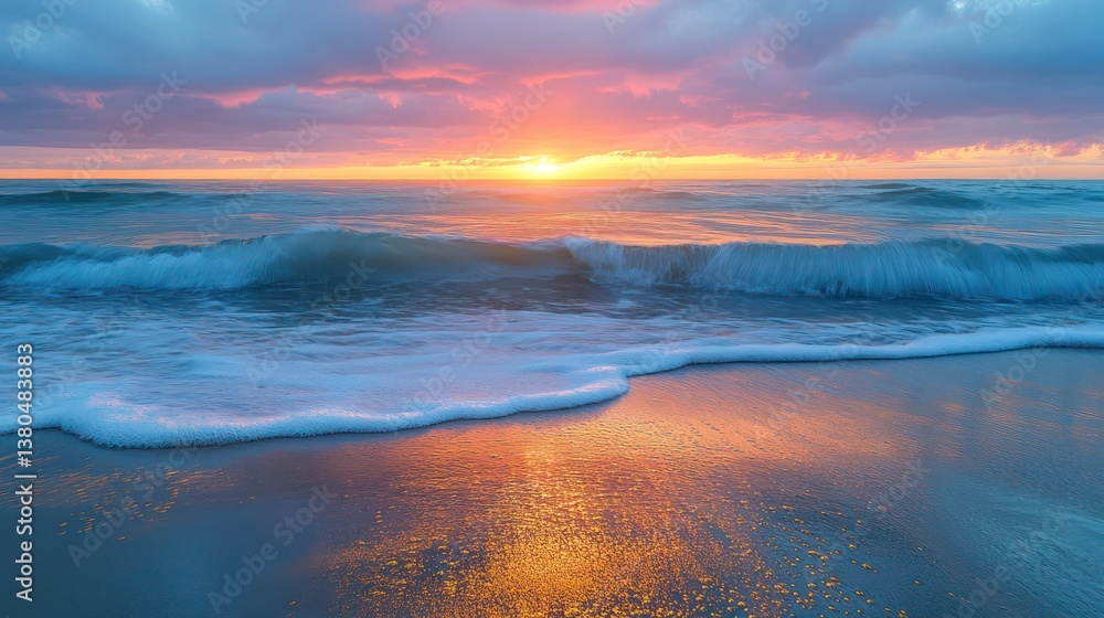 Fototapeta premium mesmerizing view of gentle ocewaves rolling towardsshore, each crest reflectingrich amber and magenttones ofsunset, wet sand glistening like liquid gold, distant horizon glowing with