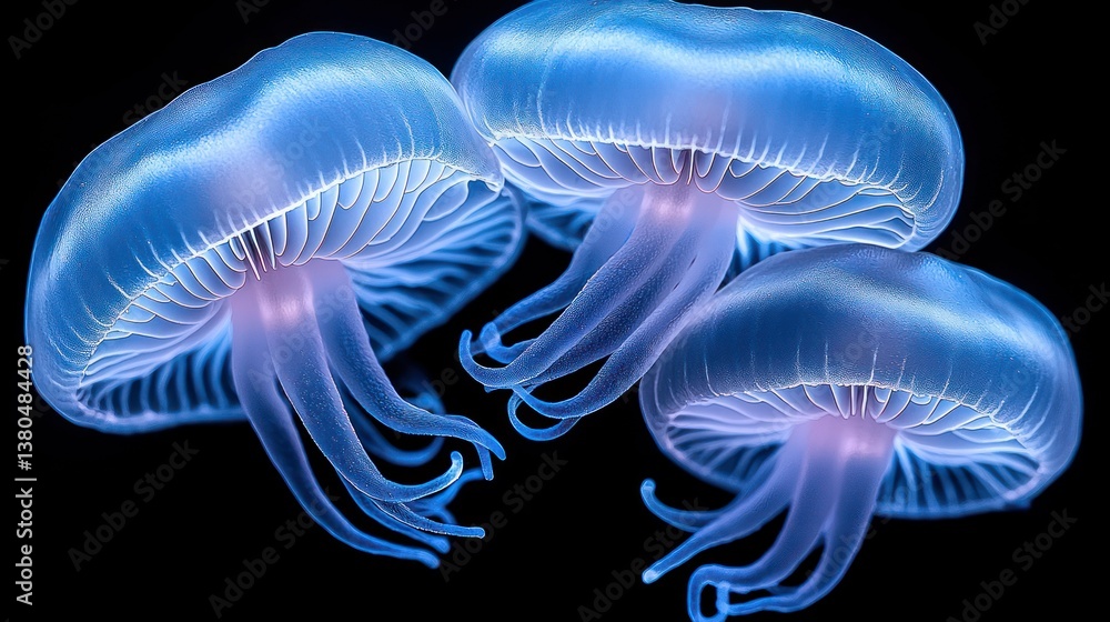 Fototapeta premium Mesmerizing Trio: Glowing Blue Jellies