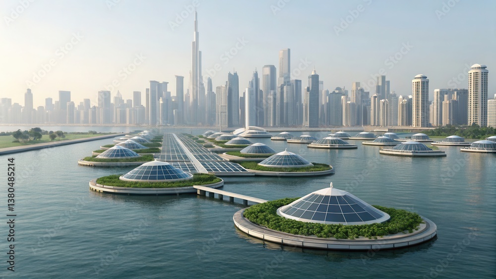 Naklejka premium A futuristic cityscape featuring unique floating structures amidst a modern skyline, showcasing innovative architecture and green technology.