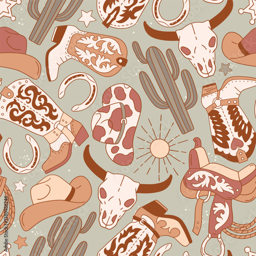 Seamless vector pattern with western cowboy boots, hat and horse riding equipment. Hand drawn groovy rodeo background. EPS 10 vector file. Perfect for textile, wallpaper or nursery print design.