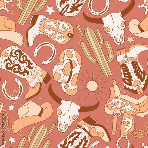 Seamless vector pattern with western cowboy boots, hat and blooming cactus. Hand drawn groovy rodeo background. EPS 10 vector file. Perfect for textile, wallpaper or nursery print design.