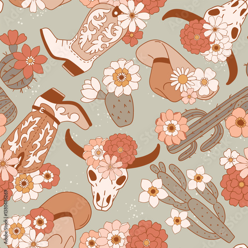 Seamless vector pattern with western cowboy boots, hat and blooming cactus. Hand drawn groovy rodeo background. EPS 10 vector file. Perfect for textile, wallpaper or nursery print design.