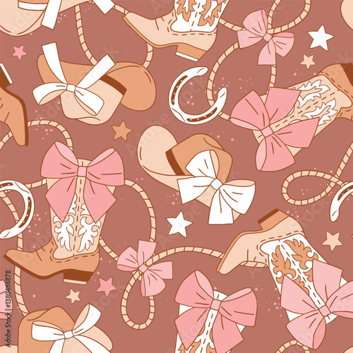Seamless vector pattern with western cowgirl boots with bow and rope. Hand drawn rodeo background. EPS 10 vector file. Perfect for textile, wallpaper or nursery print design.