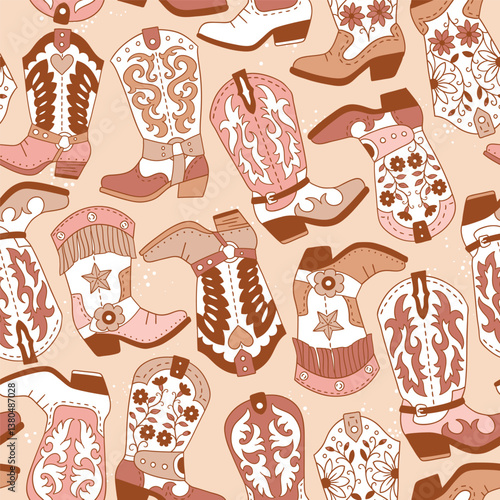 Seamless vector pattern with western cowboy boots. Hand drawn rodeo background. EPS 10 vector file. Perfect for textile, wallpaper or nursery print design.