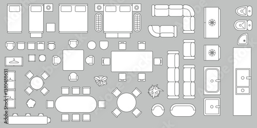 Furniture outline top view. Floor plan icons set for design interior and architectural project. Furniture thin line icon in top view for layout.	