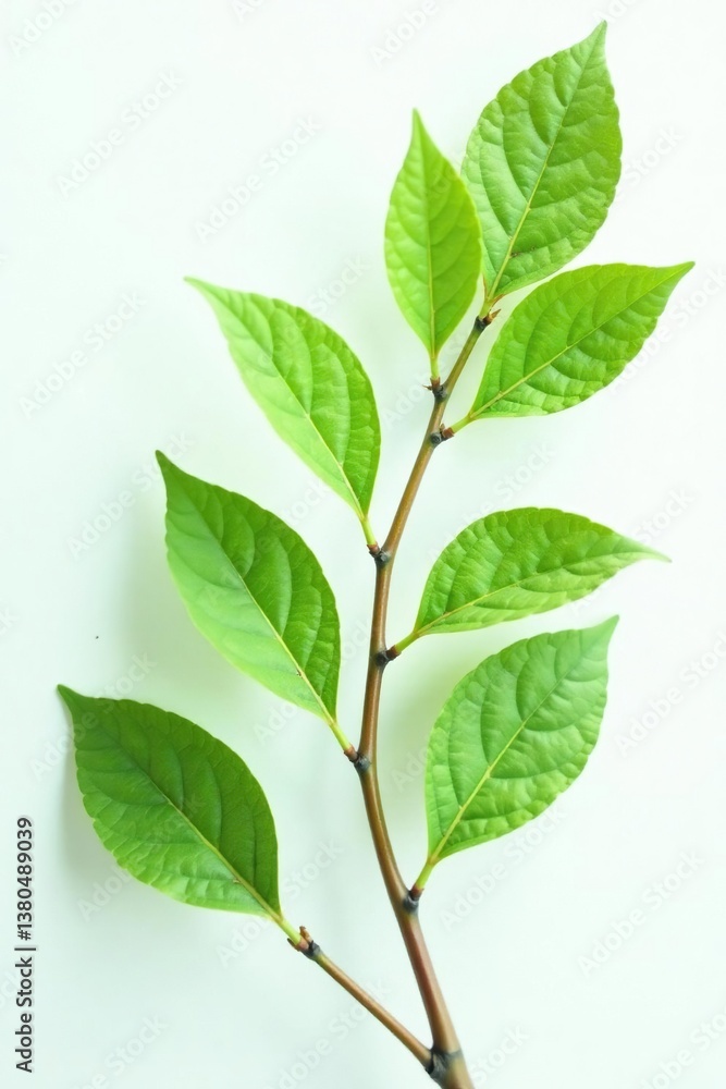 Fototapeta premium Delicate branches on white background with subtle leaf veins, texture, greenery