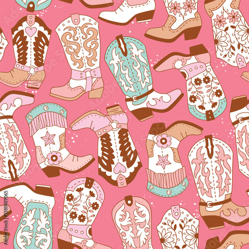 Seamless vector pattern with western cowgirl boots. Hand drawn girly rodeo background. EPS 10 vector file. Perfect for textile, wallpaper or nursery print design.