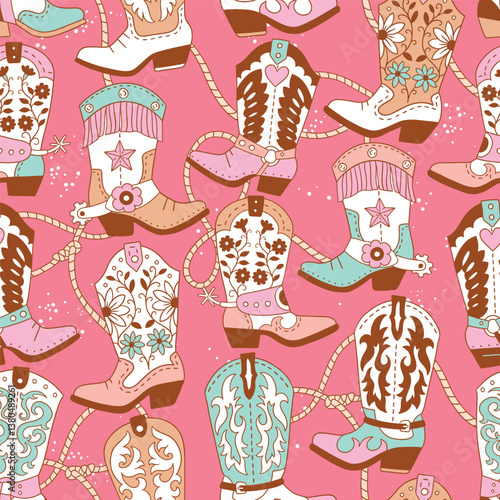 Seamless vector pattern with western cowgirl boots. Hand drawn girly rodeo background. EPS 10 vector file. Perfect for textile, wallpaper or nursery print design.