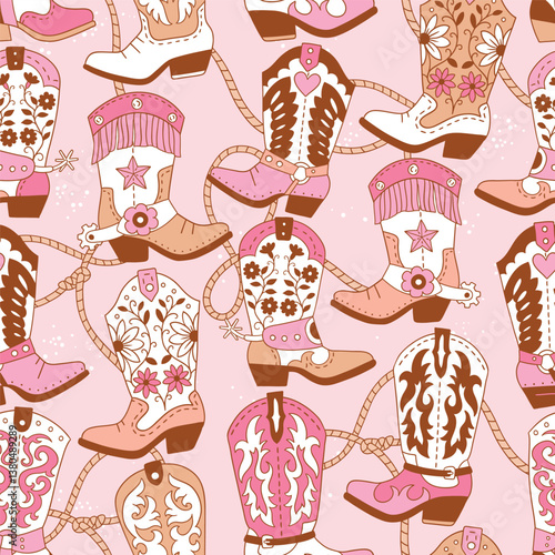 Seamless vector pattern with western cowgirl boots. Hand drawn girly rodeo background. EPS 10 vector file. Perfect for textile, wallpaper or nursery print design.