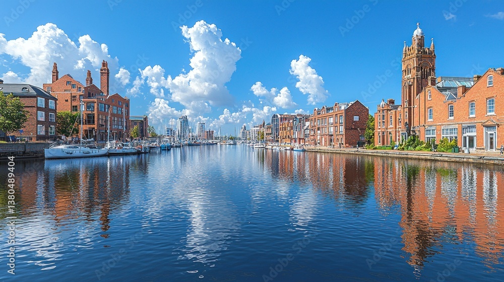Naklejka premium Stunning Canal Reflection of Brick Buildings in Sunny Day