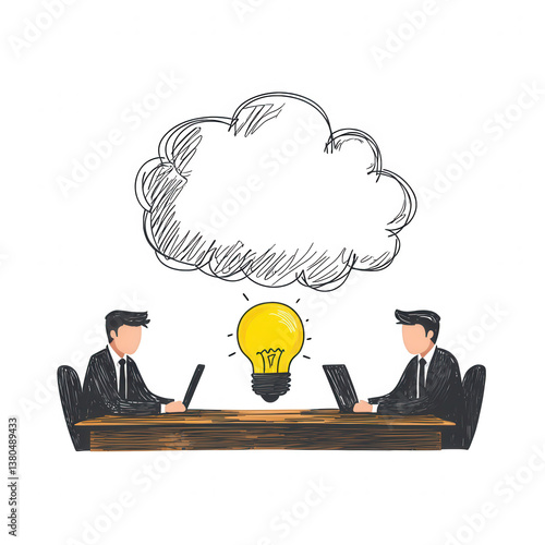 Two business professionals brainstorming ideas at a table, with a light bulb representing creativity and innovation above them, minimalist design on a white background.
