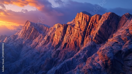 A rocky mountain ridge illuminated by the last light of day, warm hues blending seamlessly into the cool twilight sky