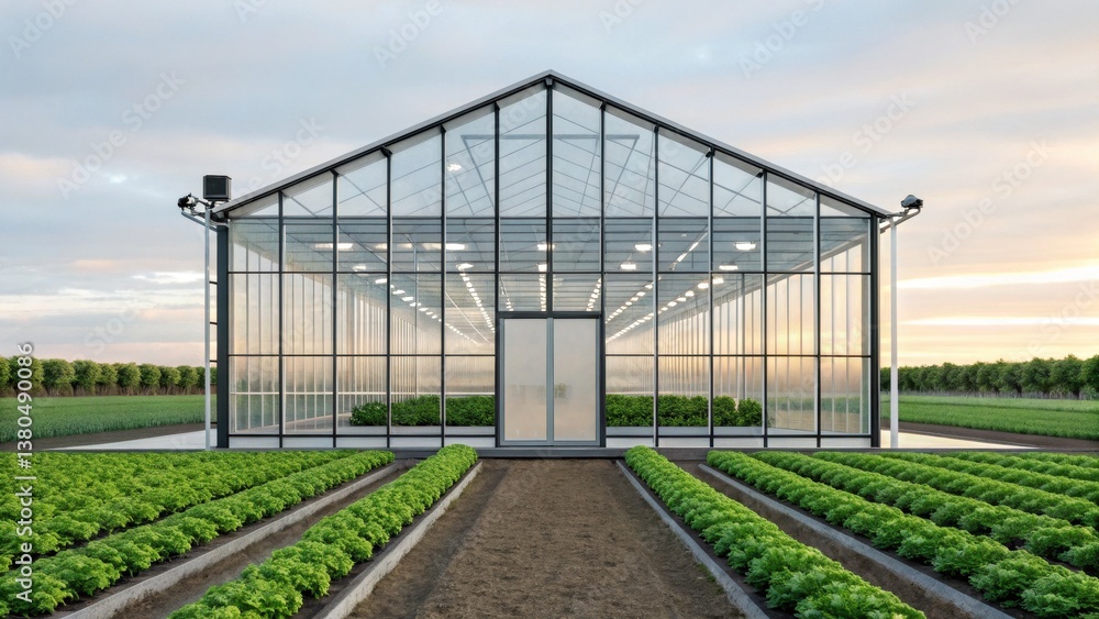 Obraz premium A modern greenhouse with glass walls, surrounded by lush greenery and neatly arranged plant beds, showcasing sustainable agriculture.