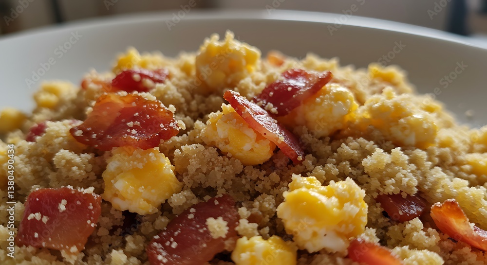 Crumbled Manioc Flour with Scrambled Egg and Crisp Bacon Strips on White Plate. Crumbled Manioc Flour with Scrambled Egg and Crisp Bacon Strips on White Plate.