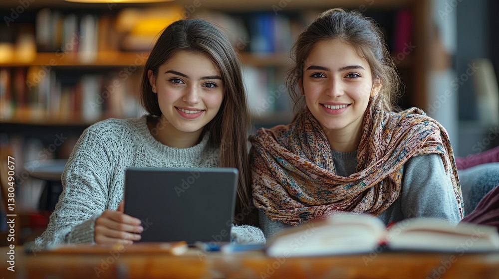 Two female students engaging with digital devices at home during an Indian holiday for enhanced academic success and social media interaction Two female students engaging with digital devices at home during an Indian holiday for enhanced academic success and social media interaction