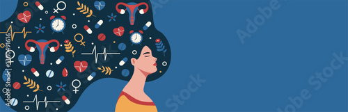  International Women's Health Day. Vector illustration of a woman with health related symbols integrated into her hair, heartbeat, medicine, clock, uterus, flowers. Use for health related projects